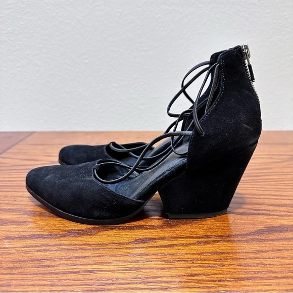 Eileen Fisher Women's 6.5 Black Suede Rope Ghillie Lace Block Heel Wedding Guest - Picture 3 of 8